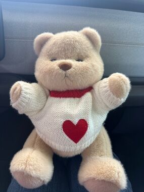 Plush Beige Hugabear Teddy Bear with Cream Sweater and Red Heart